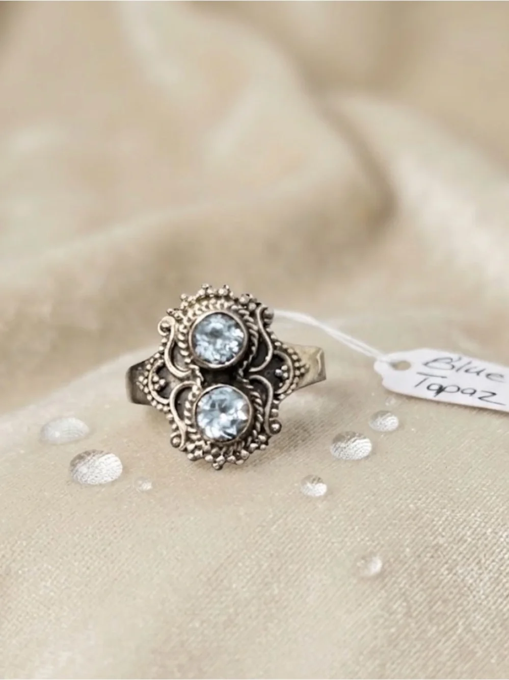 Sterling Silver Blue Topaz Ring - Boho Filigree 925